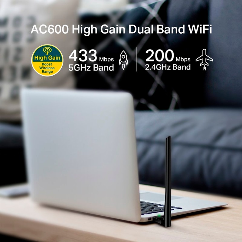 Adaptador de Red USB a Wi-Fi TP-Link Archer T2U Plus AC600 Doble Banda 200-433Mbps
