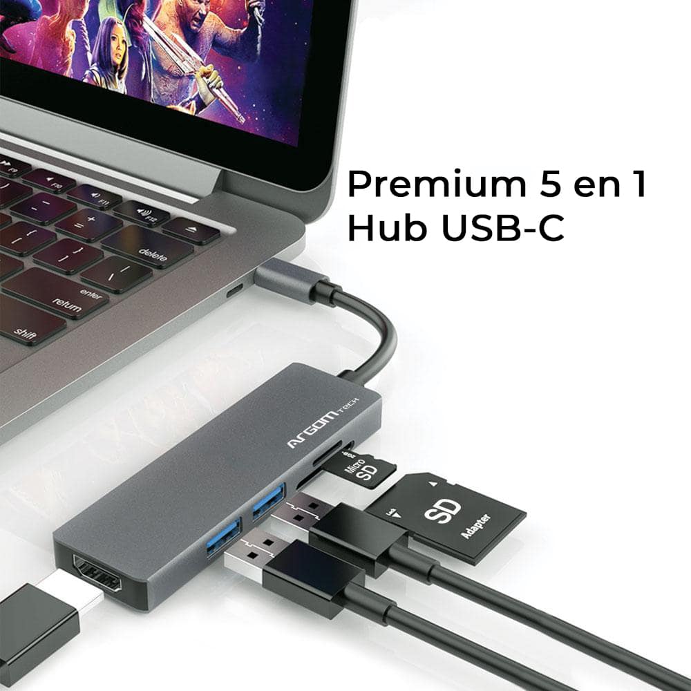 Hub Argom 5-Puertos 5-en-1 USB-C Plateado