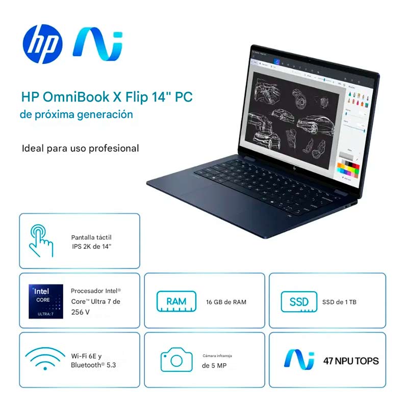 Laptop HP OmniBook X FLIP 2 en 1 14" Touch 2K Intel Core Ultra 7 256V 16GB RAM 1TB SSD W11 Home Azul Teclado Ingles