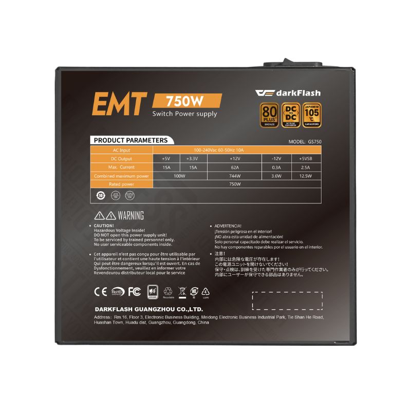 Fuente de Poder 850W DarkFlash EMT 80 Plus Bronze Negra