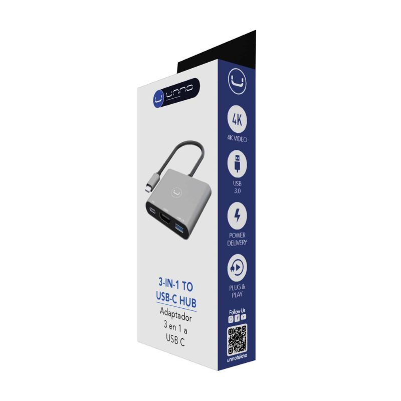 Hub Unno Tekno 3 Puertos USB-C + HDMI Plateado