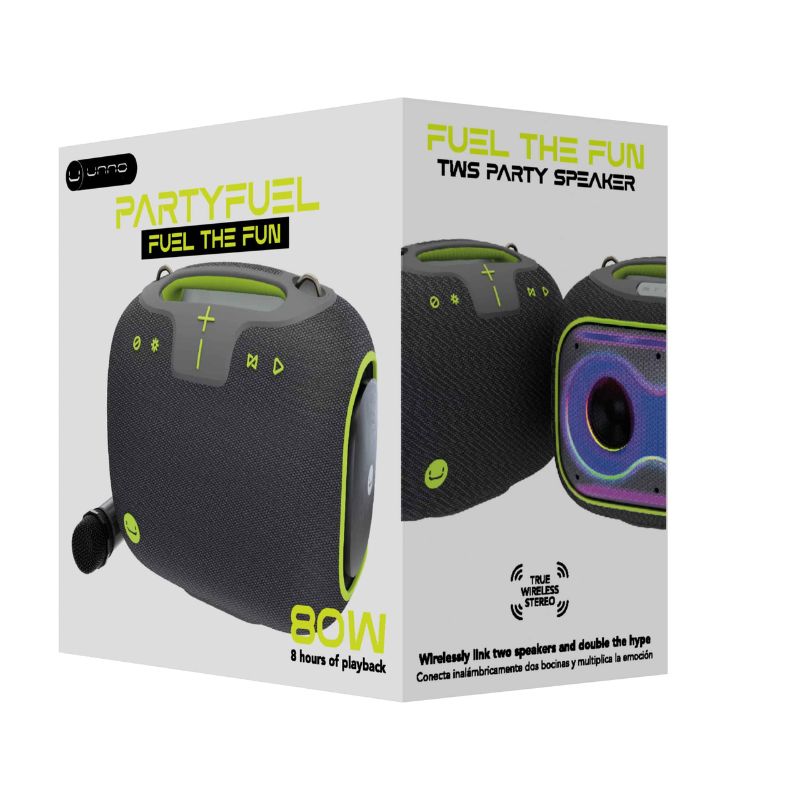 Bocina Bluetooth Unno Tekno SP9437GY PartyFuel TWS 80W IPX5 Gris