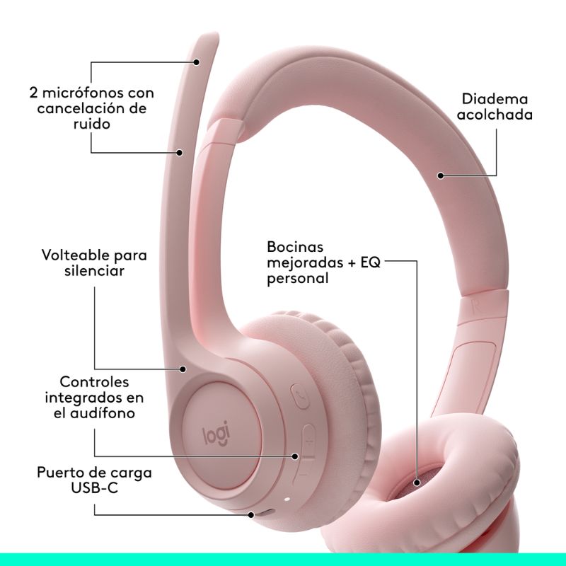 Audífonos Tipo Headset Logitech Zone 300 Inalámbricos con Micrófono Rosa