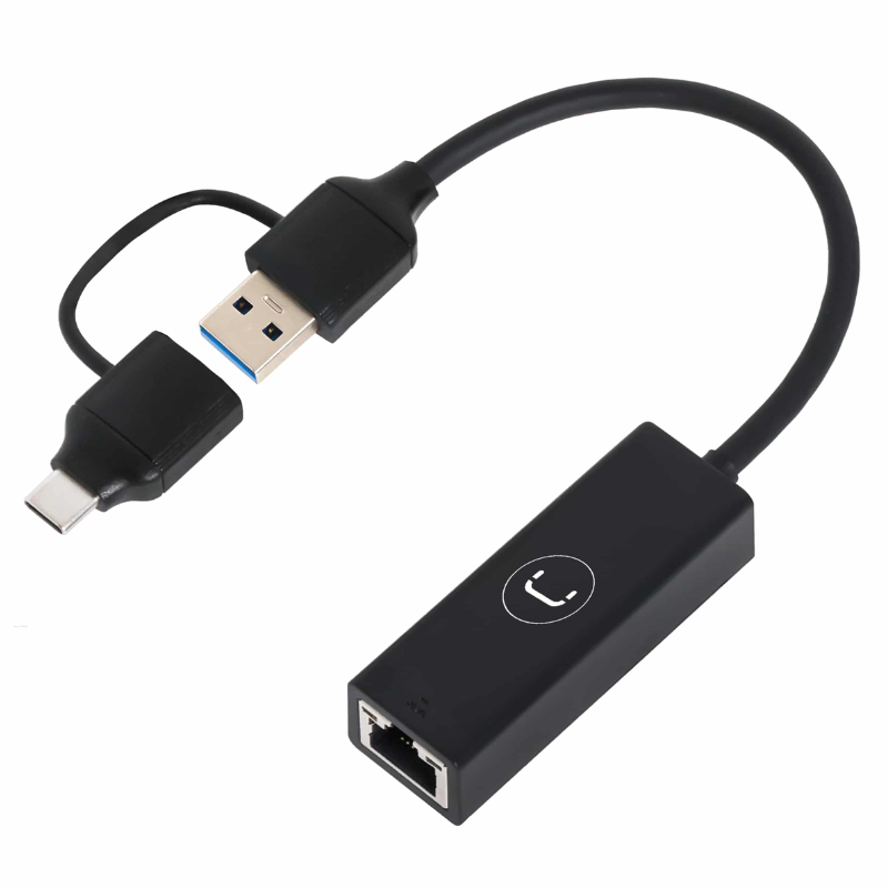 Adaptador Unno Tekno USB a Ethernet AD3007BK Macho-Hembra 2 en 1 Negro