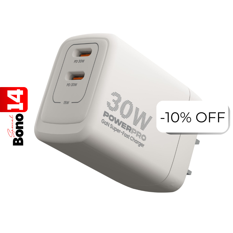 Cargador de Pared Unno Tekno PW5064WT PowerPro Dual USB-C 30W​​ Blanco