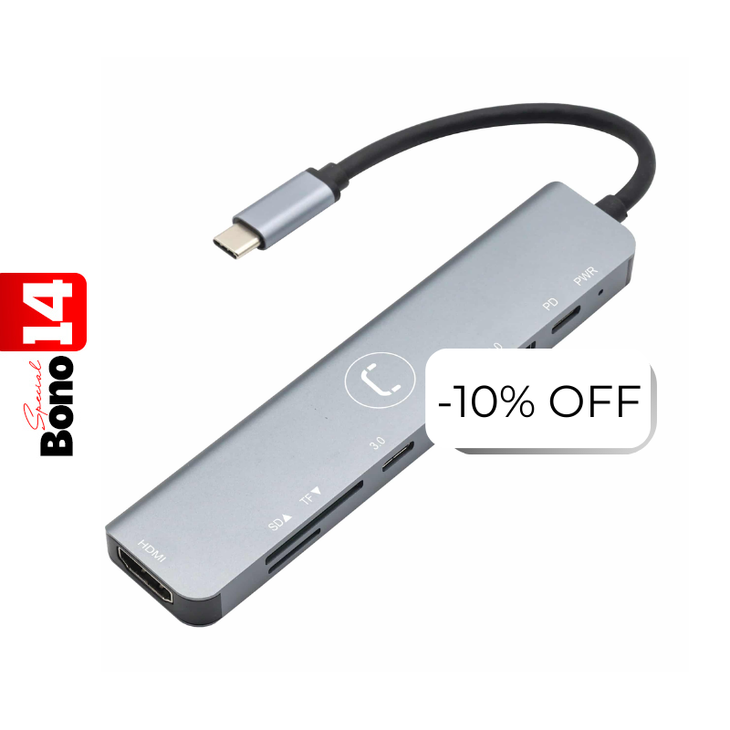 Hub Unno Tekno 7 Puertos HB1107SV USB-C Plateado