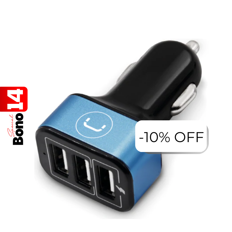 Cargador Unno Tekno PW5022BK para Carro Triple USB-A 6.0A Negro/Celeste