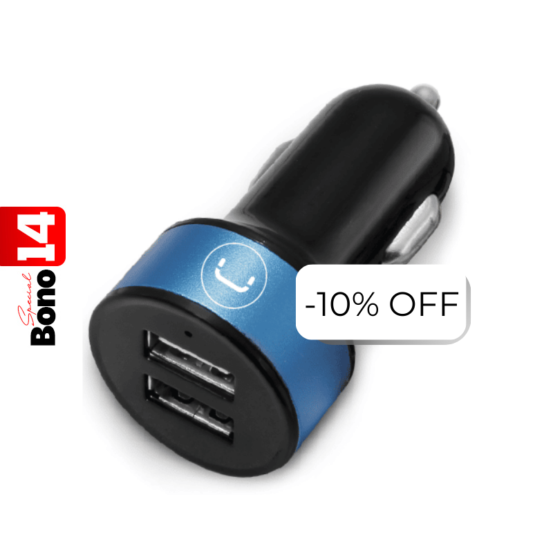 Cargador Unno Tekno PW5002BK para Carro Dual USB-A 2.1A Negro/Celeste