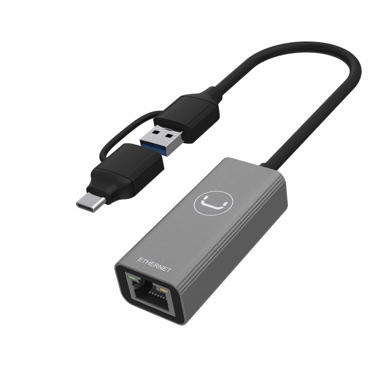 Adaptador Unno Tekno 2 en 1 USB 3.0 a Ethernet Gigabit AD3007GY USB-C y USB-A RJ45 Gris